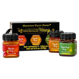 マウンテンバレーグルメハニーギフトセット、プレミアムマヌカハニーMGO 83+入り3箱、ピュアナチュラルハニーコレクション、4.4オンスのハニーポット3個、ファミリーフードギフトに最適 Mountain Valley Gourmet Honey Gift Set, Box of 3 with Premium Manuka