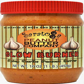 Saratoga Peanut Butter Company Slow Burner Spicy Garlic. 16 Ounce Jar. Low Sugar, Non GMO, Gluten Free, Keto Friendly, No Palm Oils.