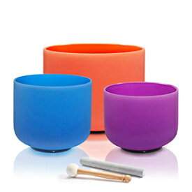 CVNC Set of 3 PCS Colored 6" B Note 8" G Note 10" D Note Frosted Quartz Crystal singing bowl For Sound Healing Meditation