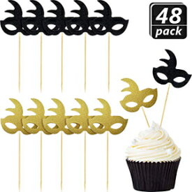 48ピース マスカレードマスク カップケーキトッパー ゴールドグリッターマスク カップケーキトッパーピック ブラックデザートカップケーキトッパー マスカレードパーティー ベビーシャワー 子供の誕生日パーティーデコレーション用 48 Pieces Masquerade Masks
