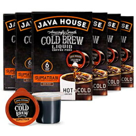 JAVA HOUSE コールドブリューコーヒー、ダークローストコーヒー濃縮リキッドポッド - 1.35液量オンス (1箱あたり6カウントのリキッドポッド) ホットまたはアイスでお楽しみください (スマトラ島、6箱 x 6ポッド = 36カウント) JAVA HOUSE Cold Brew Cof