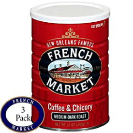 フレンチマーケットコーヒー、コーヒー＆チコリ、ミディアムダークローストグラウンドコーヒー、12オンスの金属缶（3個パック） French Market Coffee, Coffee and Chicory, Medium-Dark Roast Ground Coffee, 12 Ounce Metal Can (Pack of 3)