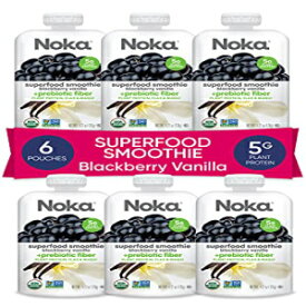 NOKA スーパーフード スムージー パウチ (ブラックベリー バニラ) 6 パック、100% オーガニック ヘルシー フルーツ スクイーズ スナック パック、食事の代替品、非遺伝子組み換え、グルテンフリー、ビーガン、植物性タンパク質 5g、各 4.2 オンス (パッ
