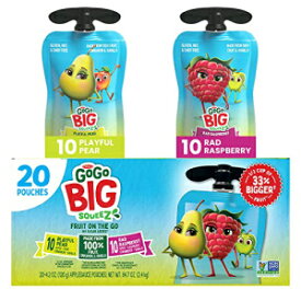 GoGo BIG squeeZ Rad ラズベリー & プレイフル ペア、4.2 オンス (20パウチ) - ラズベリーと梨で作られた、大きくておいしい子供向けスナック - 子供向けグルテンフリースナック - ナッツと乳製品不使用 - ビーガンスナック GoGo BIG squeeZ Rad Ra