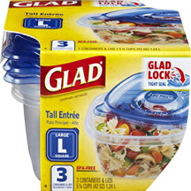 Glad GladWare トールエントレ食品保存容器 | 食品用の大きな四角い容器は、最大 42 オンスの食品を 3 個収納できます。強くて丈夫な大型食品保存ホルダー Glad GladWare Tall Entrée Food Storage Containers | Large Square Containers for Food