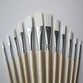 Jerry Q Art 12 PC ホワイト人工毛フラットブラシセット 長い木製ハンドル付き 水彩とアクリル用 JQ66051 Jerry Q Art 12 PC White Synthetic Hair Flat Brush Set with Long Wood Handles for Watercolor and Acrylic JQ66051