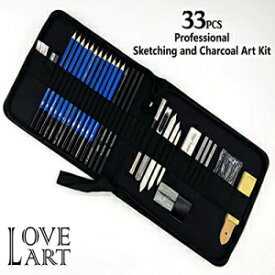 Love Art プロフェッショナルアートキット 33 個 - ジッパー付きキャリングケースに入ったスケッチと描画鉛筆セット - 描画と木炭鉛筆、グラファイト鉛筆、消しゴム、木炭スティックを含む画材 - ブラック Love Art 33pcs Professional Art Kit - Sketchin