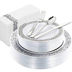 WDF 150PCS Silver Plastic Plates with Disposable Plastic Silverware, Lace Design Silver Plates, Christmas Plates Christmas Include 25Dinner Plates,25Salad Plates,25Forks,25Knives,25Spoons,25Napkins