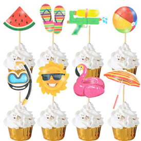 36個 ハワイテーマパーティーデコレーション、サマープールビーチパーティーカップケーキトッパー 36Pcs Hawaii Theme Party Decoration,Summer Pool Beach Party Cupcake Topper