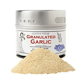 粒状ニンニク - 非遺伝子組み換え - 磁気缶に手作業で詰め込み - 持続可能な調達 - 米国産 - すべて天然 - 放射線照射なし - Gustus Vitae 製 - 正味重量 2.2 オンス Granulated Garlic - Non GMO - Hand-Packed In Magnetic Tins - Sustain