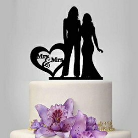 レズビアンケーキトッパー、ブラックカラーアクリルシルエットカップル新郎新婦ウェディングパーティーデコレーション、レディースウェディングギフト Lesbian Cake Topper, Black Color Acrylic Silhouette Couple Bride and Bride Wedding Party Decoration