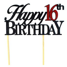 All About 詳細 ハッピー 16 歳のケーキ、1 個、誕生日のお祝い、パーティーの装飾、グリッタートッパー (ブラック & レッド)、6 x 8、ブラック/レッド All About Details Happy 16th Cake, 1pc, Birthday Celebrations, Party Decor, Glitter