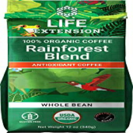 Life Extension Rainforest Blend Whole Bean Coffee Organic, Antioxidant Rich Coffee – Caffeinated – Vegetarian, Non-GMO, Gluten-free – 12 Ounces