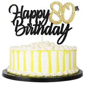 PALASASA ブラック ゴールド グリッター ハッピーバースデー ケーキ トッパー - 80 周年記念/誕生日ケーキ トッパー パーティー デコレーション (80 周年) PALASASA Black Gold Glitter Happy Birthday cake topper - 80 Anniversary/Birthday C