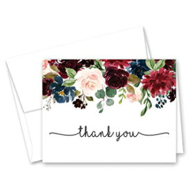 ネイビーブルゴーニュ水彩フローラルサンキューカード（50） InvitationHouse Navy Burgundy Watercolor Floral Thank You Cards (50)