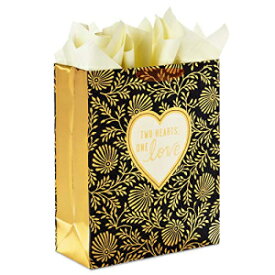 Hallmark 15" Extra Large Gift Bag with Tissue Paper ("Two Hearts, One Love" Black and Gold) for Weddings, Anniversaries, Engagements, Valentine's Day