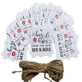 結婚式の好意のギフトタグ、パーティーブライダルベビーシャワーの記念日のためのオリジナルデザインクラフトペーパーハングタグ、新しい夫婦からの抱擁とキス」より糸付きの100個のタグ（白） T-shin Wedding Favor Gift Tags,Original Design Kraft Paper Hang