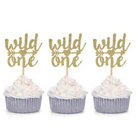 Giuffi ゴールドグリッター ワイルドワン カップケーキトッパー 赤ちゃんの1歳の誕生日デコレーション 24個セット Giuffi Set of 24 Gold Glitter Wild One Cupcake Toppers Baby's First Birthday Decors