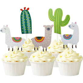 Mulukaya かわいいラマとサボテンのカップケーキトッパー アルパカカップケーキピック 25 個 メキシコフィエスタテーマパーティー、ベビーシャワー誕生日パーティー用 Mulukaya 25 Pcs Cute Llama and Cactus Cupcake Toppers Alpaca Cupcake Picks for M