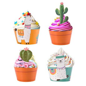 24個のサボテンカップケーキトッパーとラマカップケーキラッパーのセット Pop Fizz Designs Set of 24 Cactus Cupcake Toppers & Llama Cupcake Wrappers