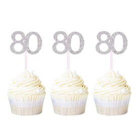 Ercadio Numbers 80 カップケーキトッパー シルバーグリッター 80 歳の誕生日カップケーキピック アニバーサリーパーティー ケーキデコレーション用品 24 個 Ercadio Numbers 80 Cupcake Toppers Silver Glitter 80th Birthday Cupcake Picks Annivers