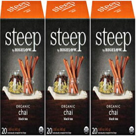 steam オーガニック チャイ紅茶 20 カウント ボックス (3 個パック)、認定オーガニック、グルテンフリー、ホイル包装袋入りのコーシャ ティー steep Organic Chai Black Tea 20 Count Box (Pack of 3), Certified Organic, Gluten-Free, Koshe