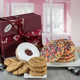 Dulcet のお祝いクッキー愛好家向け詰め合わせギフト バスケットの内容: スプリンクル クッキー、リンザー タルト、ピーナッツ バター クッキー、チョコレート チップ クッキー、最高のクッキー バスケット。 Assorted Celebration Cookie Lovers Gift Bask