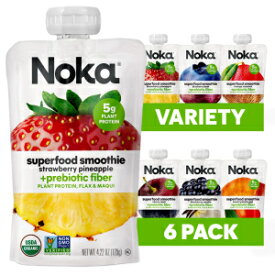 Noka スーパーフード フルーツスムージー パウチ バラエティパック、亜麻仁、プレバイオティクス繊維、植物性タンパク質を含む健康的なスナック、ビーガンおよびグルテンフリー、オーガニック スクイーズ パウチ、4.22 オンス、6 個 Noka Superfood Fruit Smooth