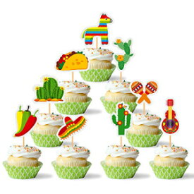 QMZ 45 Pcs Mexican Fiesta Cupcake Toppers Mexican Cactus Donkey Sombrero Pepper Taco Maraca Guitar Cupcake Toppers Cake Picks for Mexican Themed Cake Decorations Party Decorations