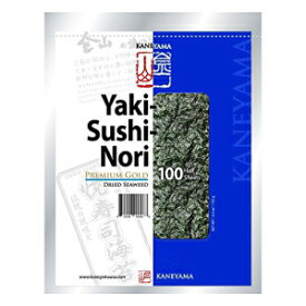 かねやま 焼き寿司のり・海苔 (真空パック・再密封可能) プレミアムゴールドブルー ハーフサイズ 100枚 Kaneyama Yaki Sushi Nori / Dried Seaweed (Vacuum-packed/re-sealable), Premium Gold Blue, Half Size, 100 Sheets