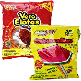 Vero Elote ストロベリー風味とレバナディタス スイカ パレタス コン チリ - スパイシー チリ ロリポップ - メキシコのスパイシー キャンディ キット - 2 パック - 合計 80 個 Vero Elote Strawberry Flavored and Rebanaditas Watermelon Pale