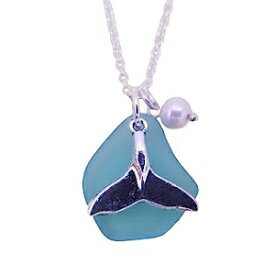 YInahawaii 手作りブルーシーグラスネックレス、ホエールテールチャーム、天然パール、(ハワイギフトラッピング、カスタマイズ可能なギフトメッセージ) YInahawaii Handmade blue sea glass necklace, whale tail charm, Natural pearl, (Hawaii Gift W