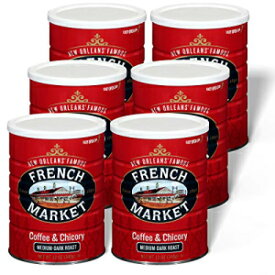 フレンチマーケットコーヒー、コーヒー＆チコリ、ミディアムダークローストグラウンドコーヒー、12オンスの金属缶（6個パック） French Market Coffee, Coffee and Chicory, Medium-Dark Roast Ground Coffee, 12 Ounce Metal Can (Pack of 6)