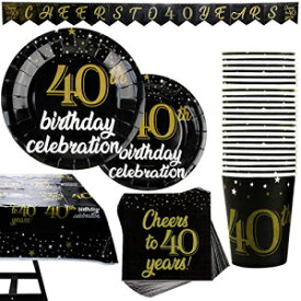40歳の誕生日パーティー用品102点セット、プレート、カップ、ナプキン、バナー、テーブルクロス付き、25人分。女性または男性向けの40歳の誕生日デコレーション。 102-Piece 40th-Birthday Party Supplies Set With Plates, Cups, Napkins, Banner, and Tabl