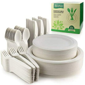 BIRCHIO 250 ピース生分解性紙皿セット (長めの食器) 使い捨て食器セット、環境に優しい堆肥化可能なプレートと調理器具には、パーティー用の皿、フォーク、ナイフ、スプーンが含まれます BIRCHIO 250 Piece Biodegradable Paper Plates Set (EXTRA LONG UT
