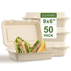 Harvest Pack GOURMET SHOWCASE [50 COUNT]Sugarfiber by Harvest Pack 9 X 6" Compostable Clamshell Food Containers, Heavy-Duty Hinged Container, Disposable Bagasse Eco-Friendly Natural Takeout to go Box, Made from Sugarca