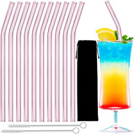 LINALL Glass Straw - 10pcs Pink Bent Glass Straw Set, 8'' Reusable Straws With Cleaning Brush For Tumblers, Tervis, Starbucks Cups, Mason Jars - STRAW0020-TR-10 (Pink Bent 10pcs) (Pink 10pcs)