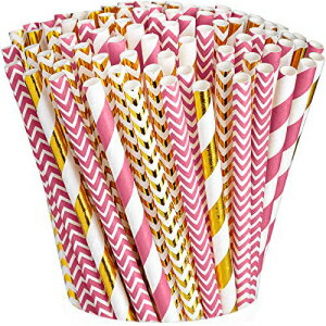 Comfy Package [200 Pack] Hot Pink & Gold Paper Drinking Straws 100 Biodegradable Multi-Pattern Party Straws