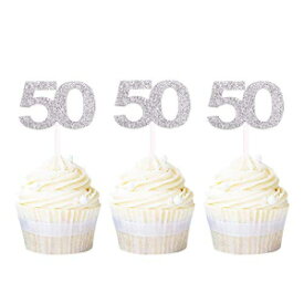 Ercadio ナンバー 50 カップケーキトッパー シルバーグリッター 50 歳の誕生日カップケーキピック アニバーサリーパーティーデコレーション用品 24 個 Ercadio Numbers 50 Cupcake Toppers Silver Glitter 50th Birthday Cupcake Picks Anniversary Pa