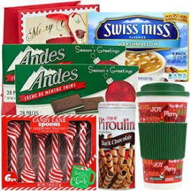 ホリデーギフトセット | トラベルマグ、スイスミスマシュマロホットココア、ペパーミントキャンディケーンスプーン、アンデスクレームドメンテシンミント＆ピロリンダークチョコレートクリームウエハース Holiday Gift Set | Travel Mug, Swiss Miss Marshmall