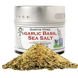 Gustus Vitae - ガーリックバジルシーソルト - 非GMO認証済み - 磁気缶 - 3.1オンス - 本格的なグルメ調味料とクラフトスパイスブレンド - 少量ずつ製造 Gustus Vitae - Garlic Basil Sea Salt - Non GMO Verified - Magnetic Tin - 3.1 Ounce