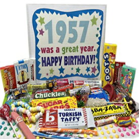 RETRO CANDY YUM ~ 1957 1957年生まれの65歳の男性または女性のための、子供の頃からの懐かしいキャンディーの65歳の誕生日ギフトボックス RETRO CANDY YUM ~ 1957 65th Birthday Gift Box of Nostalgic Candy from Childhood for 65 Year Old Man