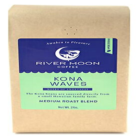 River Moon Coffee、コナコーヒー全豆、ミディアムロースト、2ポンド、コナウェーブハワイアンコーヒーブレンド、持続可能な栽培、32オンス、100%アラビカ River Moon Coffee, Kona Coffee Whole Bean, Medium Roast, 2 lbs., Kona Waves Hawaiian Cof