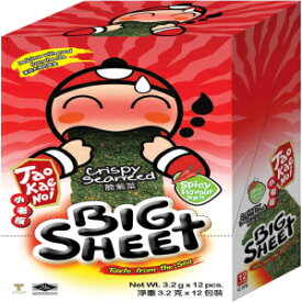 大きなサクサク海藻スナックシート by Tao Kae Noi | スパイシーなタイ海苔チップ | 子供も大人も楽しめるヘルシーな海苔スナック | 1箱あたり個別包装シート12枚、各3.2g Big Crispy Seaweed Snack Sheets by Tao Kae Noi | Spicy Thai Seaweed