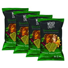 ベイクドベジチップス、ウィキッドポテトチップス - ほうれん草とパルメザンチーズ、ヘルシースナック、グルテンフリー、低脂肪、非遺伝子組み換え、コーシャー、グルメセイボリーポテトチップス、オールナチュラル、4オンスバッグ（4パック） Baked Veggie Chips, Wi