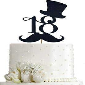 Happy 18th Birthday Cake Topper - 18th Birthday Party Decorations - Black Numbers 18, Top Hat and Man Mustache