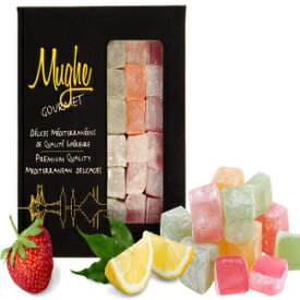 Small (Pack of 1), Mughe Gourmet Turkish Delight Candy Gift Box - 13.05oz-370g-40pc - Halal Vegan Lokum Fruit Flavors Rose, Strawberry, Lemon, Orange, Mint - Gifts for Special Occasions, Halloween, Christmas, Bir