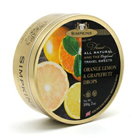 シンプキンズ トラベル スウィート、オレンジ レモン & グレープフルーツ ドロップス、200g 缶 1 個 Simpkins Travel Sweet, Orange Lemon & Grapefruit Drops, One 200g Tin