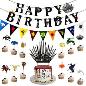 ゲーム・オブ・スローンズの誕生日バナー、ケーキとカップケーキトッパー、GOT誕生日パーティー用品デコレーション用、ハッピーバースデーバナー1パック、GOTバナー1パック、ケーキトッパー1パック、カップケーキトッパー24パック。 Game of Thrones Birthday Banner,