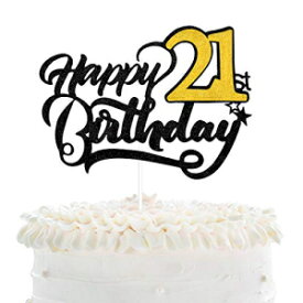 ハッピー 21 歳の誕生日ケーキトッパー - ブラックグリッター 21 周年記念用品 - 男の子や女の子に乾杯 素晴らしい 21 歳の誕生日パーティーデコレーション Happy 21st Birthday Cake Topper - Black Glitter Twenty-one Years Anniversary Supplies